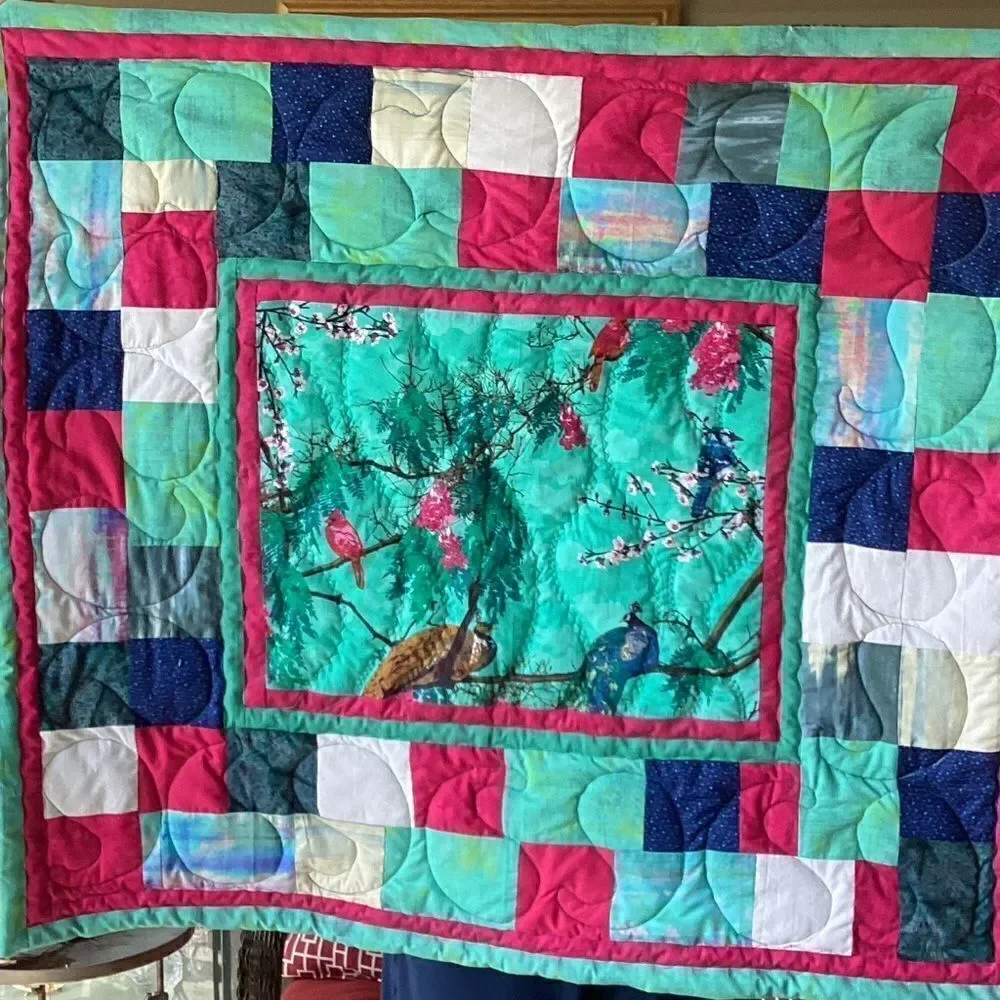 NWT Hand Crafted Turquoise Birds in Cherry Blossom Tree Quilt